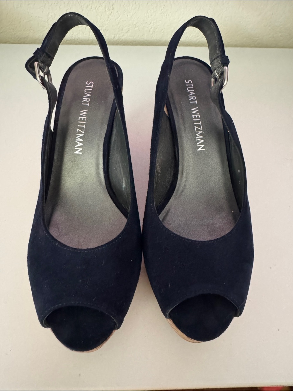 Stuart Weitzman Navy Suede Cork Wedge Slingbacks - Picture 2 of 3